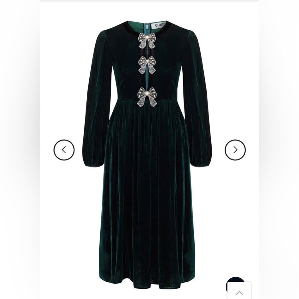 UUNIQ Saloni Dupe Green Velvet Bow Dress Small NWT